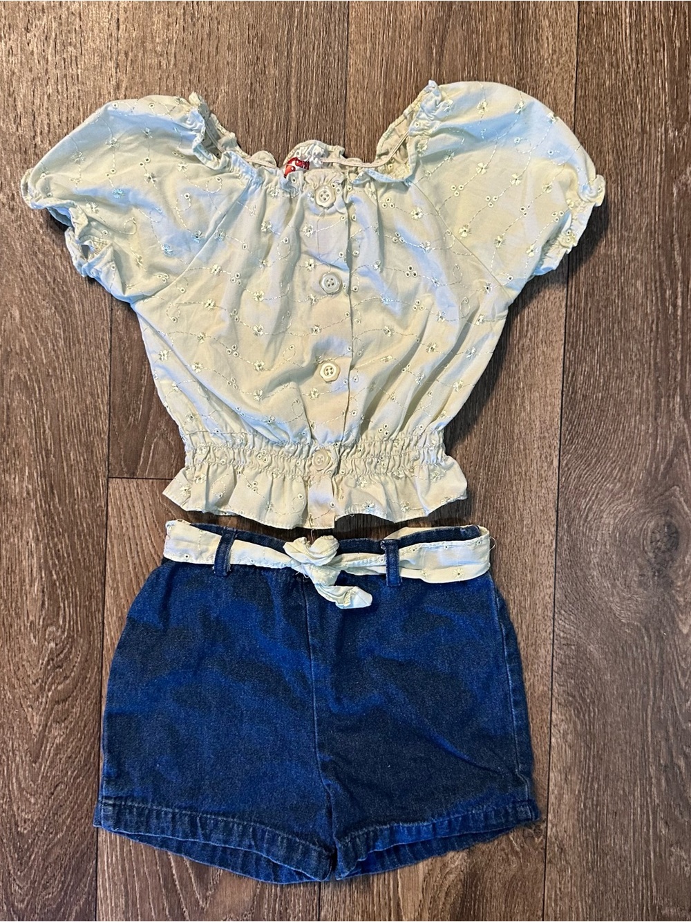 Park Bench Kids green eyelet top/denim shorts set Sz 4T 2000s Y2K
